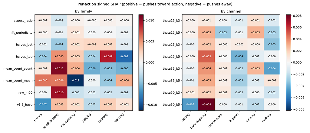 Per-class signed TreeSHAP attribution on the final 240-feature random forest. Red pushes toward the class, blue pushes away. The mass and intensity rows light red for boxing and walking; the nonzero-count row lights red for handclapping and handwaving with opposite signs (the arm-action duality). Top-half log-Hu dominates running. Jogging is conspicuously dim across families; the model has no confident positive signal for jogging, which is why it gets predicted by elimination.