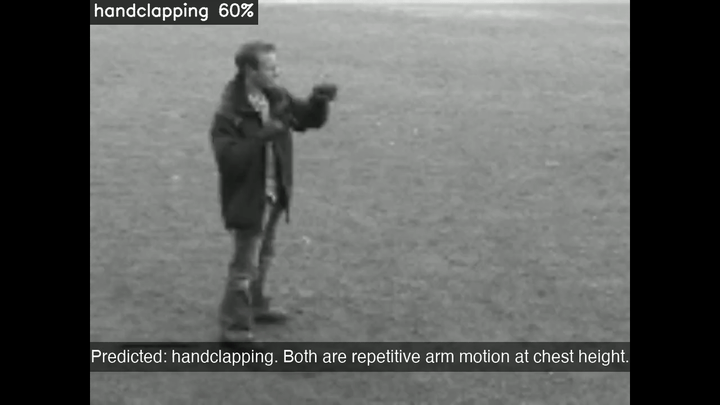 A boxing clip the model predicted as handclapping at 60% confidence. Both actions produce repetitive arm motion at chest height, visible in the MHI as a horizontal band.